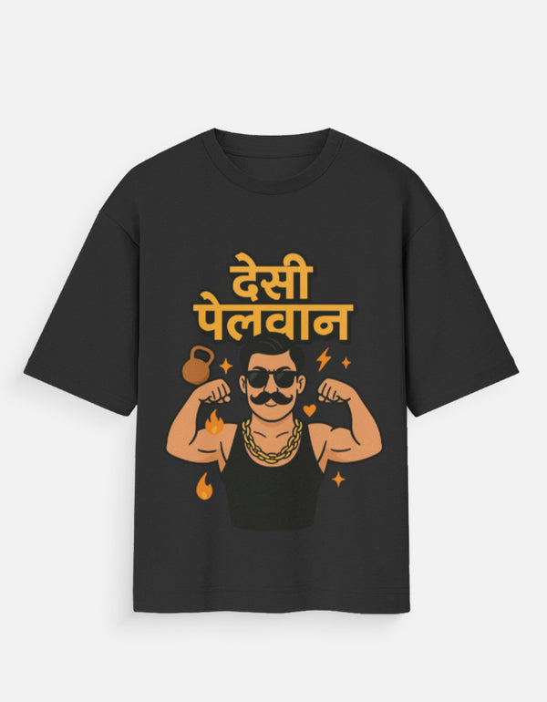 Desi Pehelwan Marathi Oversized Unisex T‑Shirt | Gym Graphic | 180 GSM Bio‑Wash