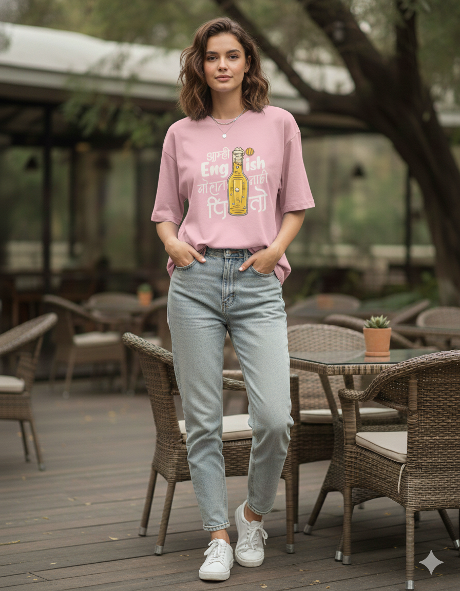 Amhi English Bolat Nahi Pito Marathi Oversized Unisex T‑Shirt | Beer Graphic | 180 GSM Bio‑Wash