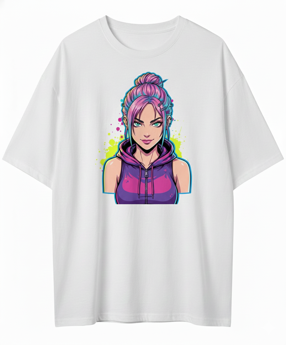 Neon Gamer Girl Graphic T‑Shirt | Cyberpunk Streetwear Oversized Tee