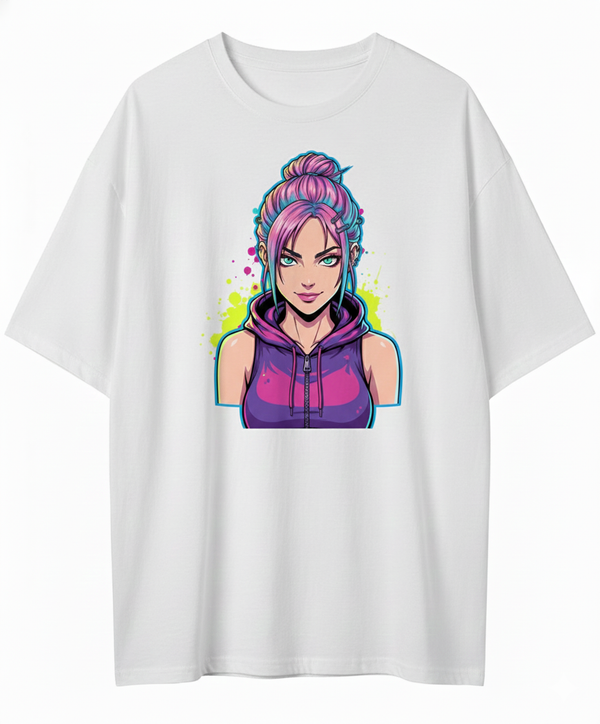 Neon Gamer Girl Graphic T‑Shirt | Cyberpunk Streetwear Oversized Tee