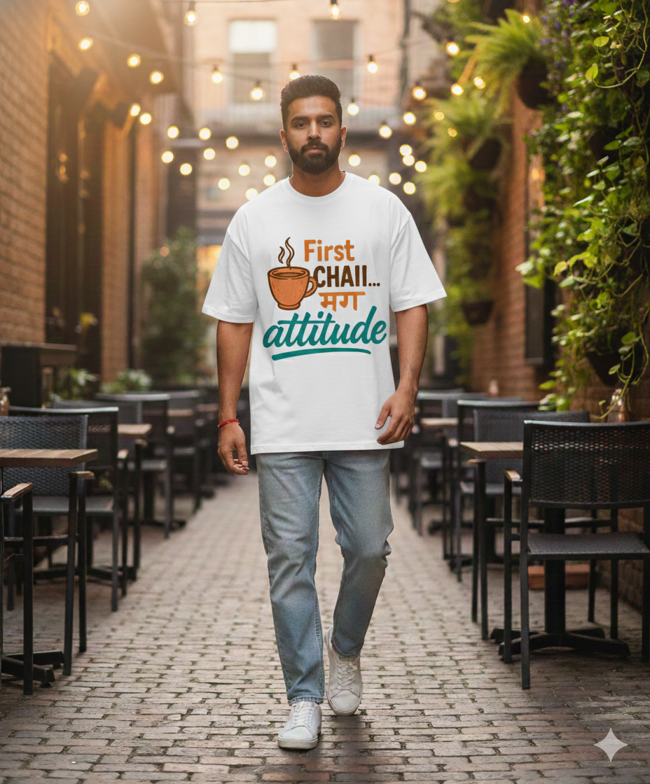 First Chai मग Attitude Oversized Unisex T‑Shirt | Chai Lover Tee | 180 GSM Bio‑Wash
