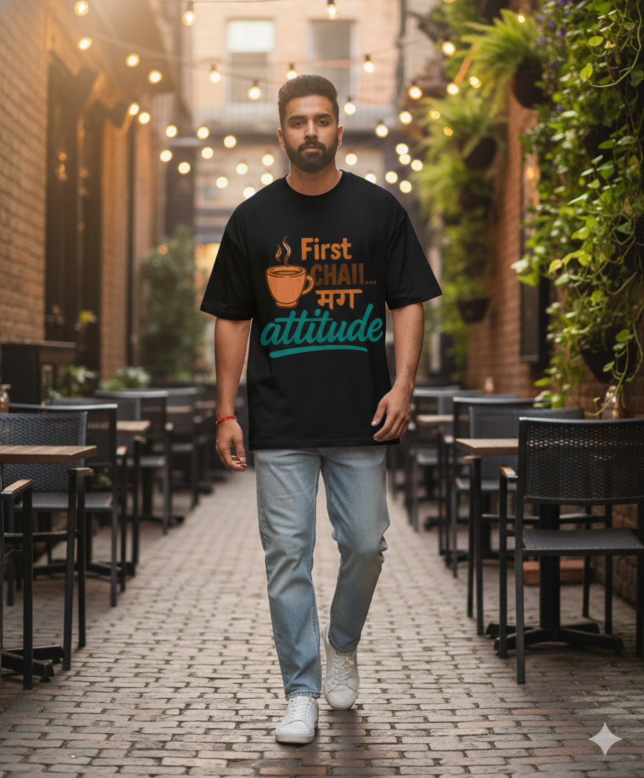 First Chai मग Attitude Oversized Unisex T‑Shirt | Chai Lover Tee | 180 GSM Bio‑Wash