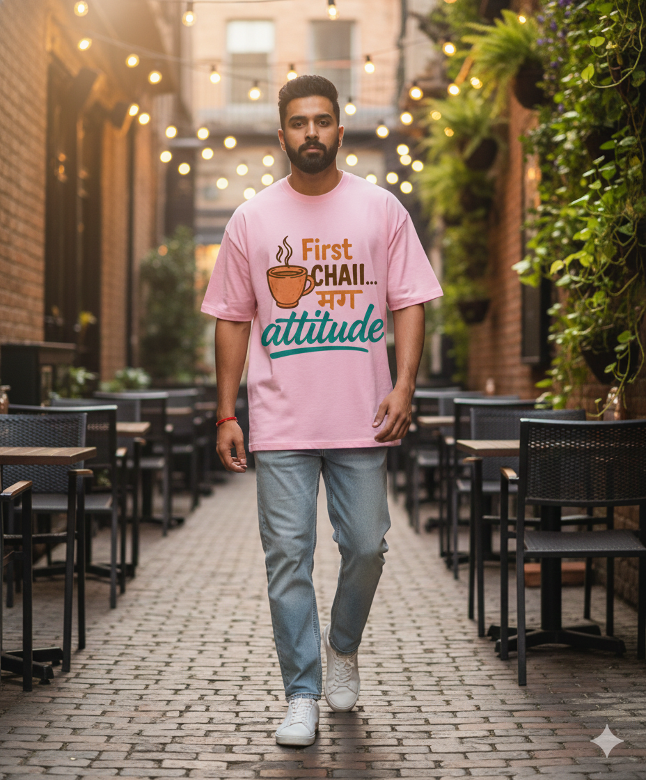 First Chai मग Attitude Oversized Unisex T‑Shirt | Chai Lover Tee | 180 GSM Bio‑Wash
