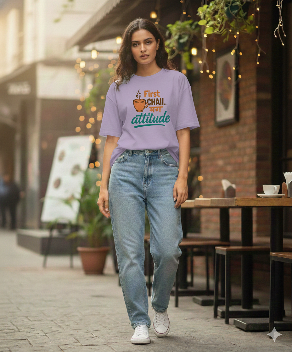 First Chai मग Attitude Oversized Unisex T‑Shirt | Chai Lover Tee | 180 GSM Bio‑Wash