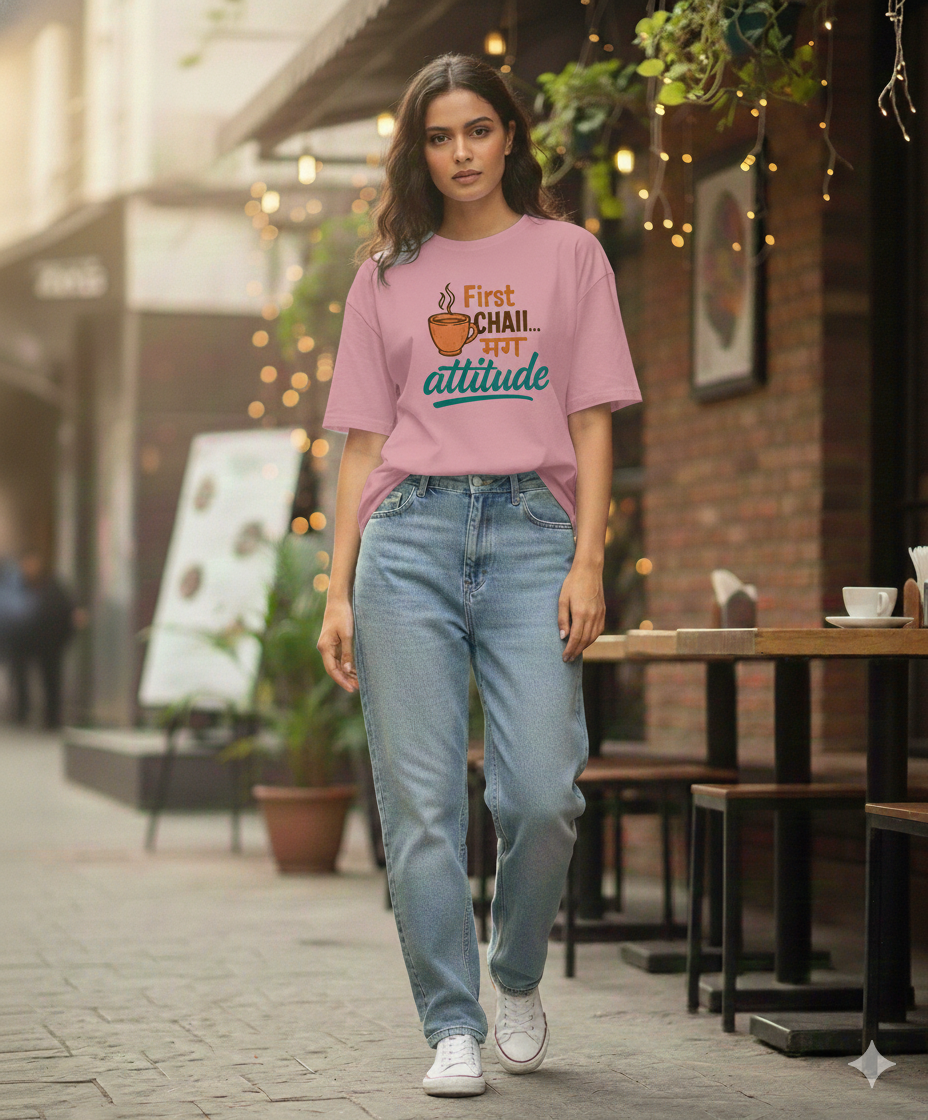 First Chai मग Attitude Oversized Unisex T‑Shirt | Chai Lover Tee | 180 GSM Bio‑Wash