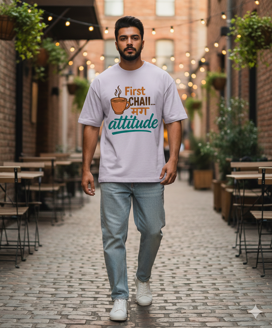 First Chai मग Attitude Oversized Unisex T‑Shirt | Chai Lover Tee | 180 GSM Bio‑Wash