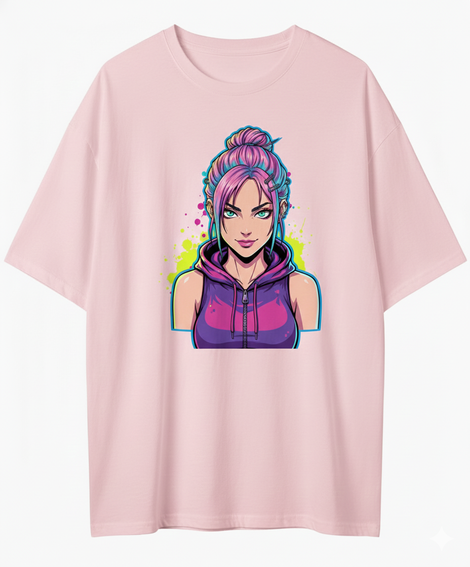 Neon Gamer Girl Graphic T‑Shirt | Cyberpunk Streetwear Oversized Tee