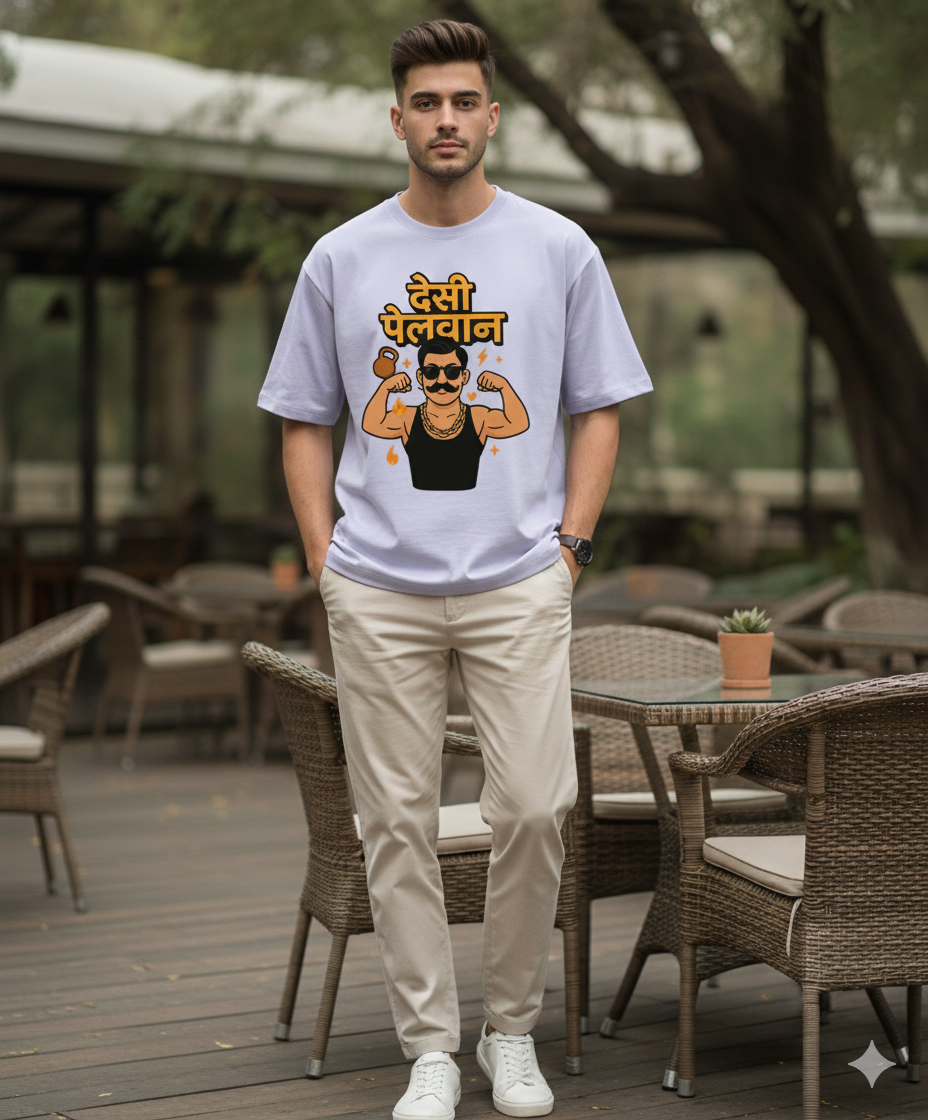 Desi Pehelwan Marathi Oversized Unisex T‑Shirt | Gym Graphic | 180 GSM Bio‑Wash