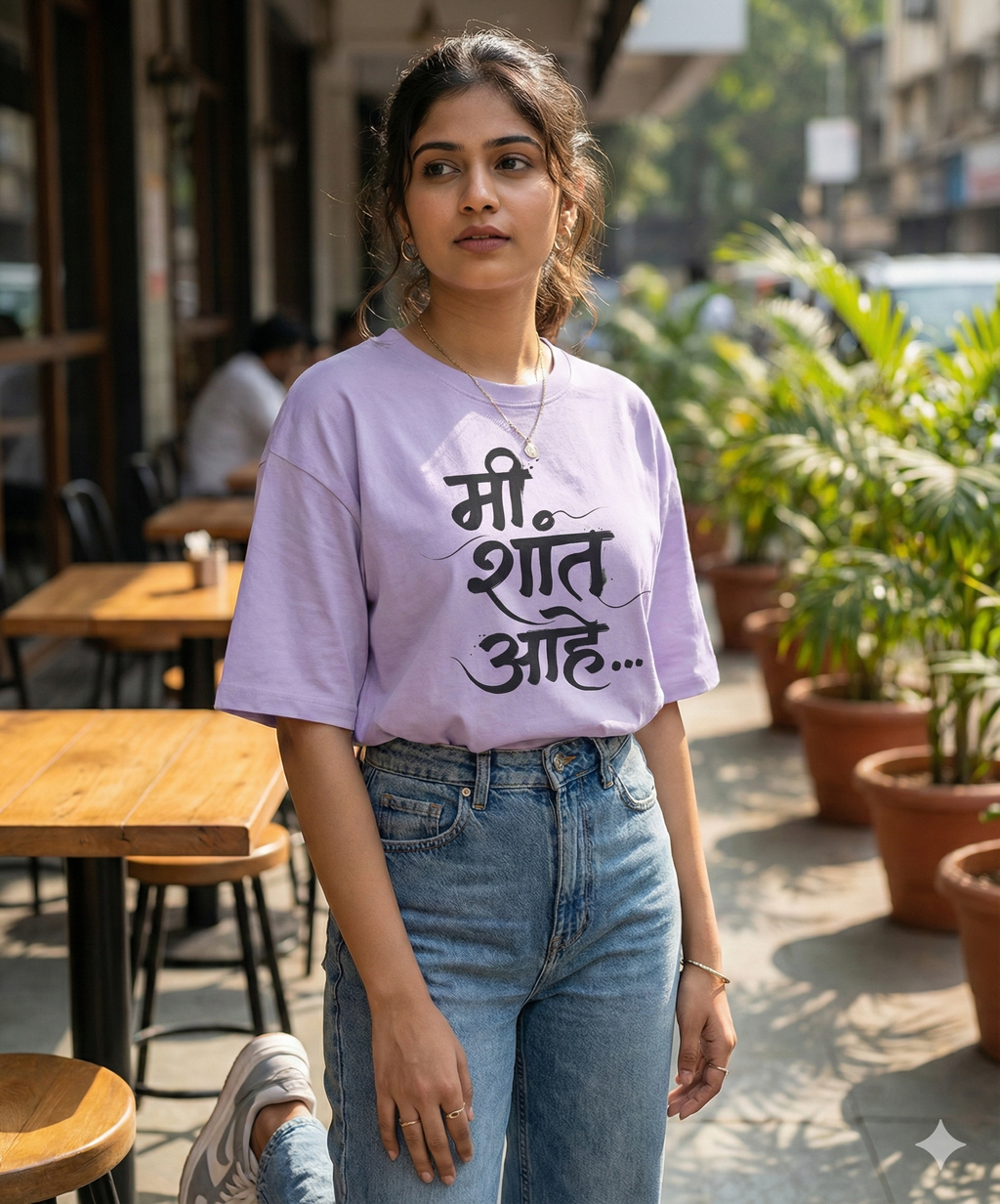 Mi Shaant Aahe Marathi Typography T‑Shirt | Calm Quote Oversized Tee
