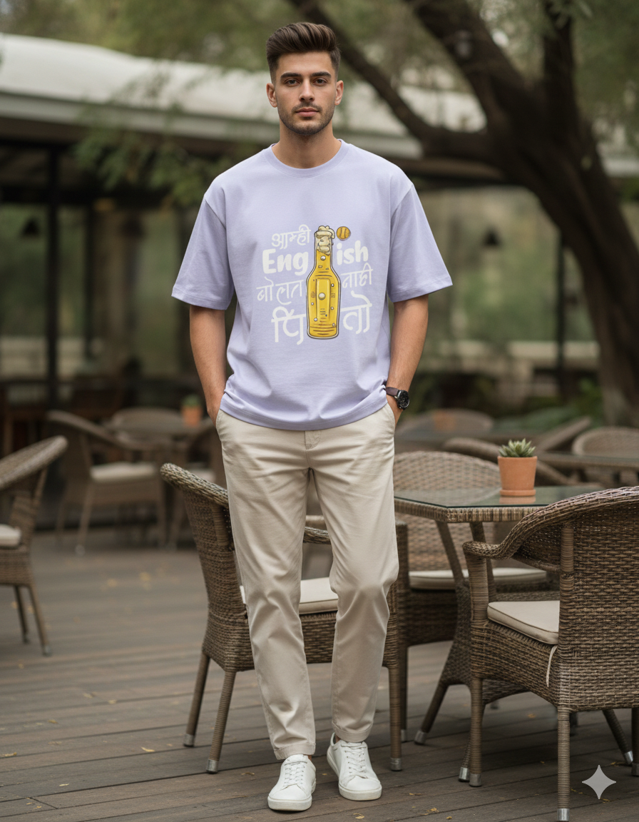 Amhi English Bolat Nahi Pito Marathi Oversized Unisex T‑Shirt | Beer Graphic | 180 GSM Bio‑Wash