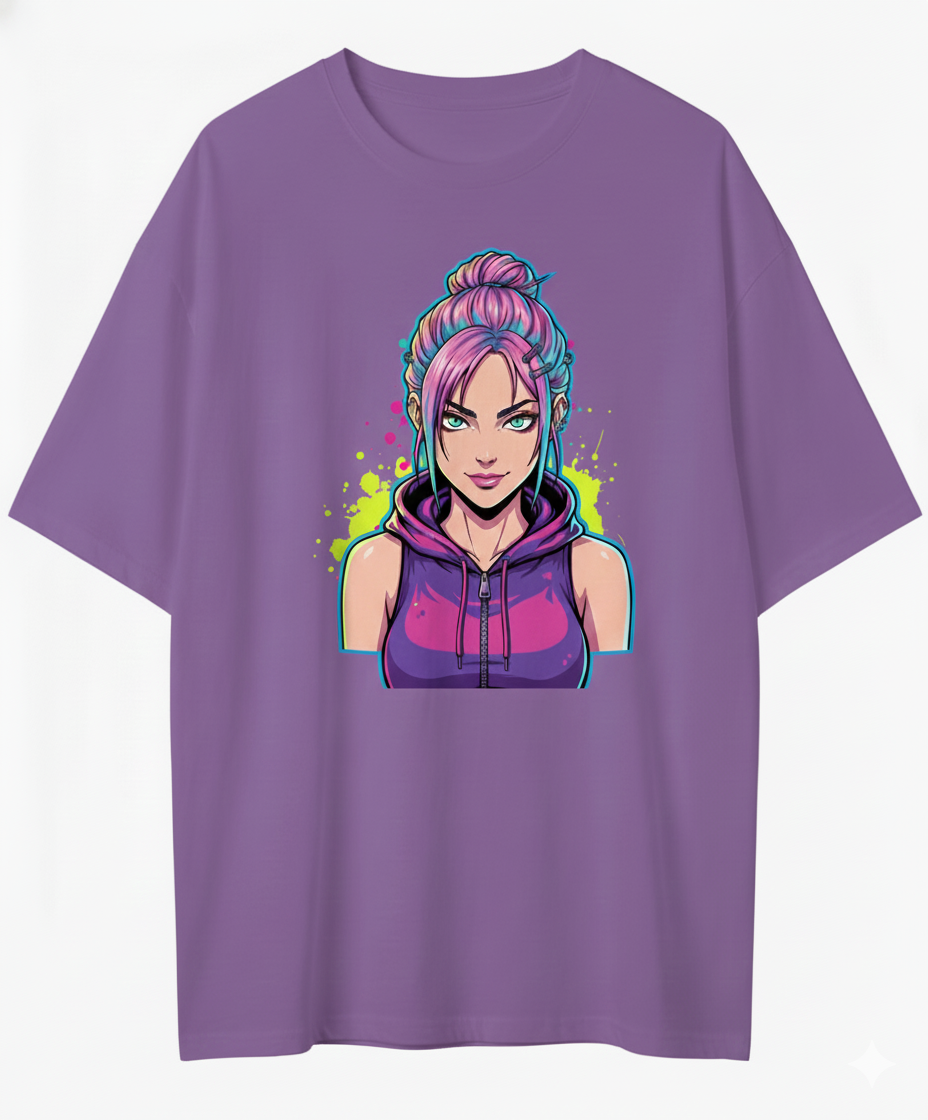 Neon Gamer Girl Graphic T‑Shirt | Cyberpunk Streetwear Oversized Tee