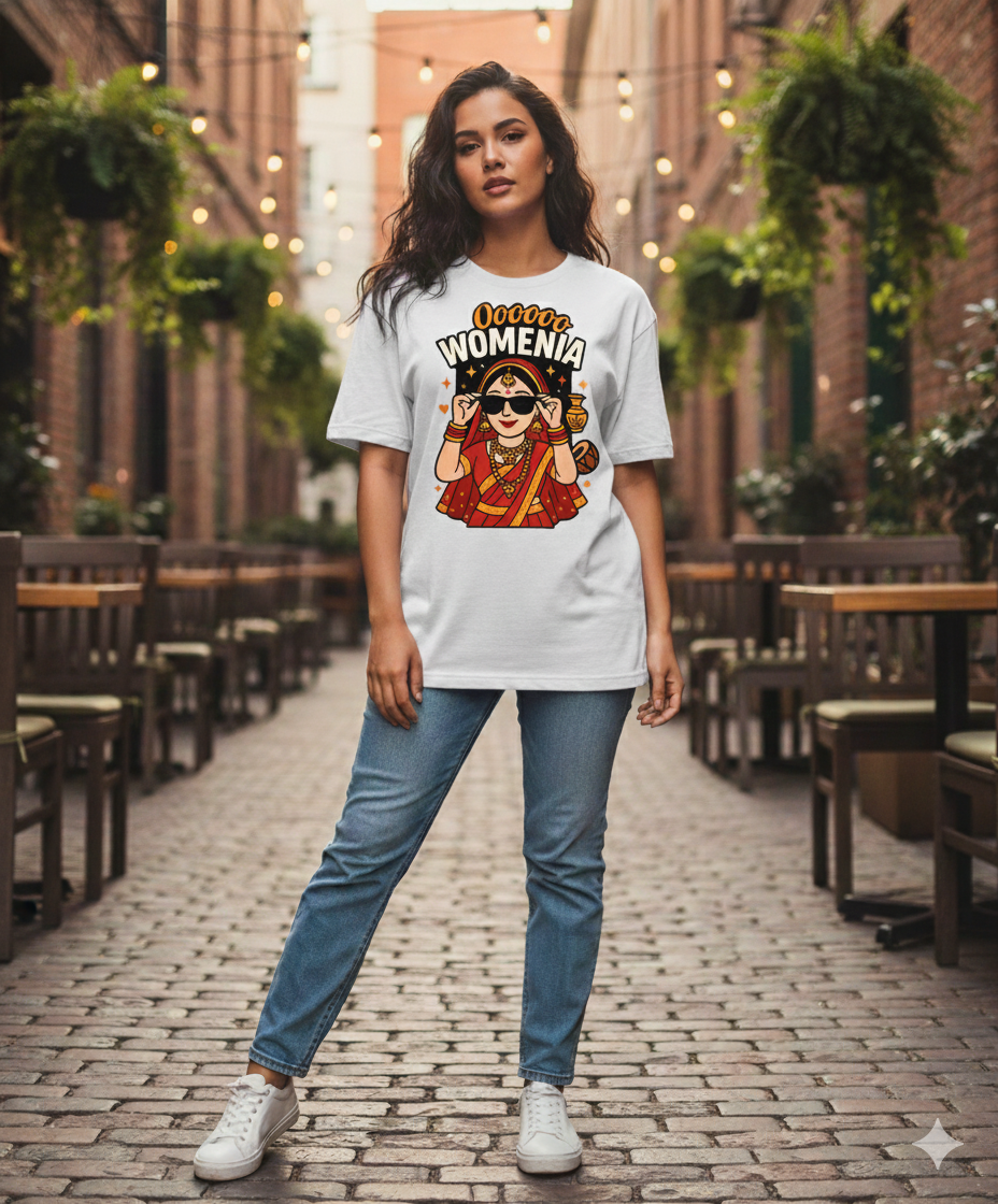 Oooooo Womenia Oversized Unisex T‑Shirt | Desi Bride Graphic | 180 GSM Bio‑Wash