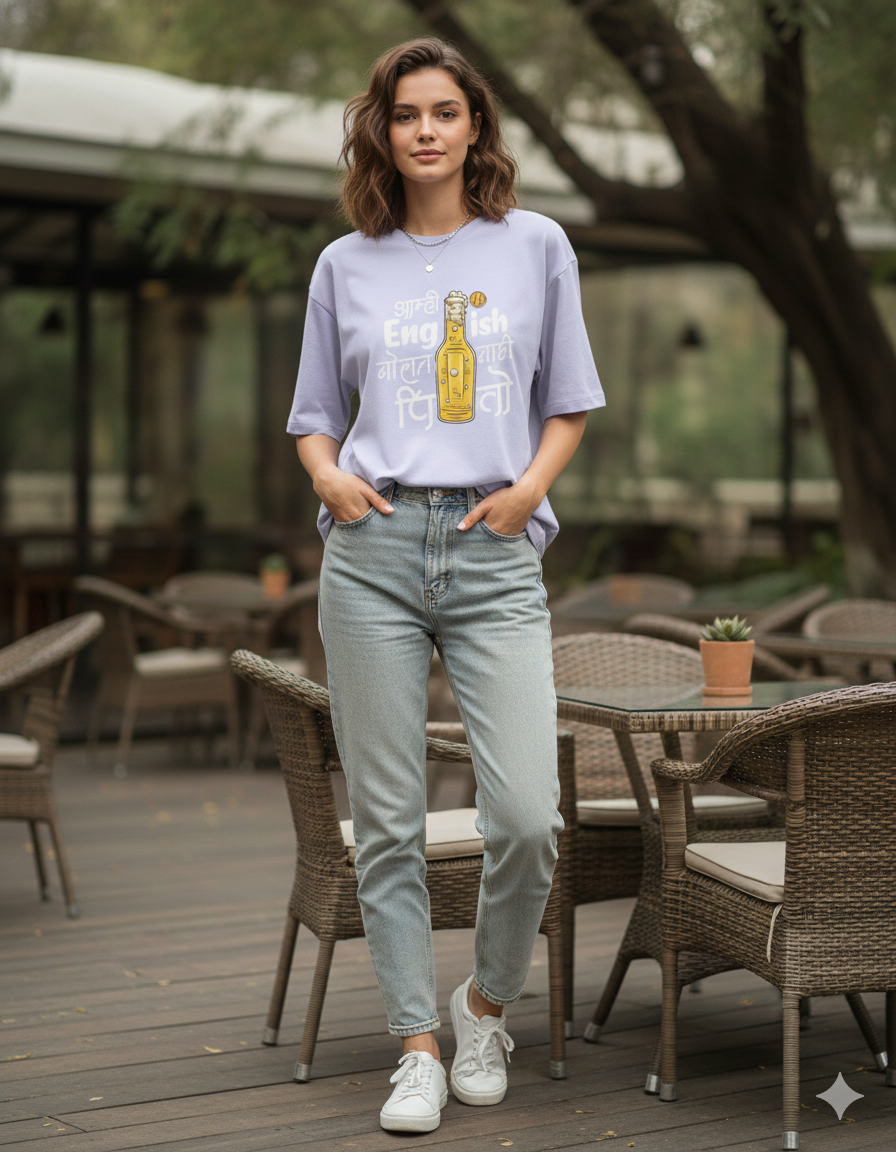 Amhi English Bolat Nahi Pito Marathi Oversized Unisex T‑Shirt | Beer Graphic | 180 GSM Bio‑Wash