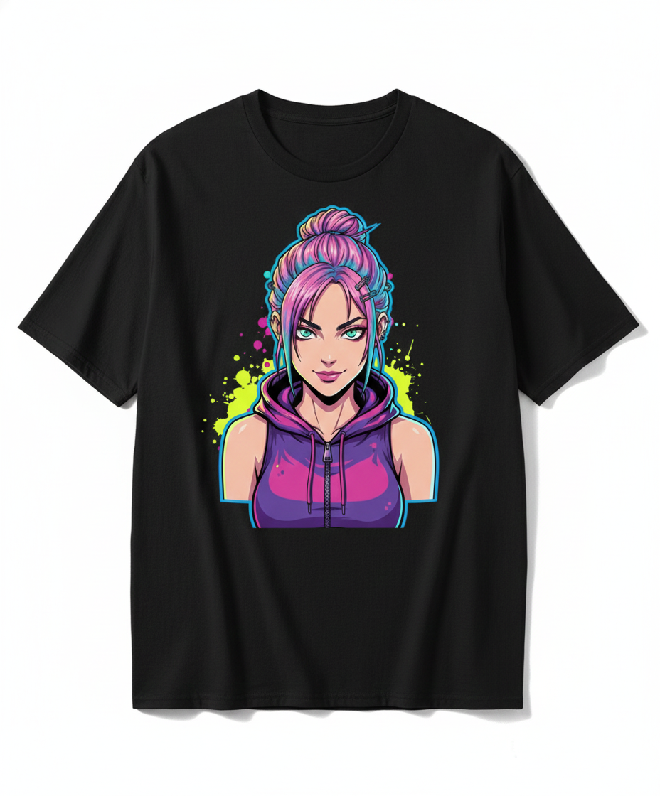 Neon Gamer Girl Graphic T‑Shirt | Cyberpunk Streetwear Oversized Tee