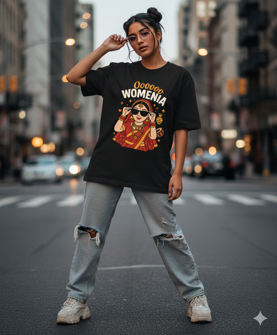Oooooo Womenia Oversized Unisex T‑Shirt | Desi Bride Graphic | 180 GSM Bio‑Wash