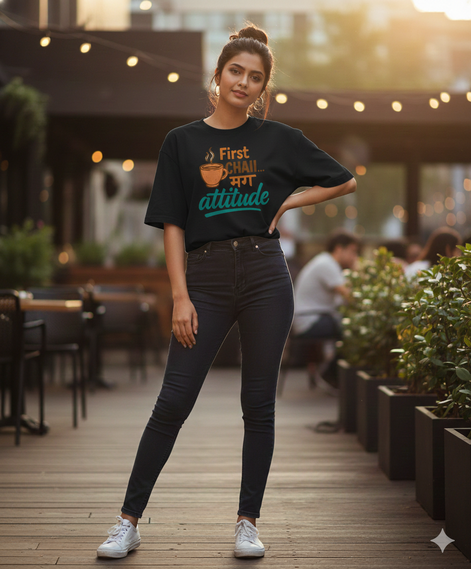 First Chai मग Attitude Oversized Unisex T‑Shirt | Chai Lover Tee | 180 GSM Bio‑Wash
