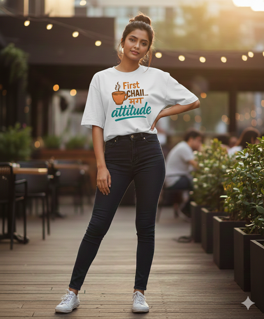 First Chai मग Attitude Oversized Unisex T‑Shirt | Chai Lover Tee | 180 GSM Bio‑Wash