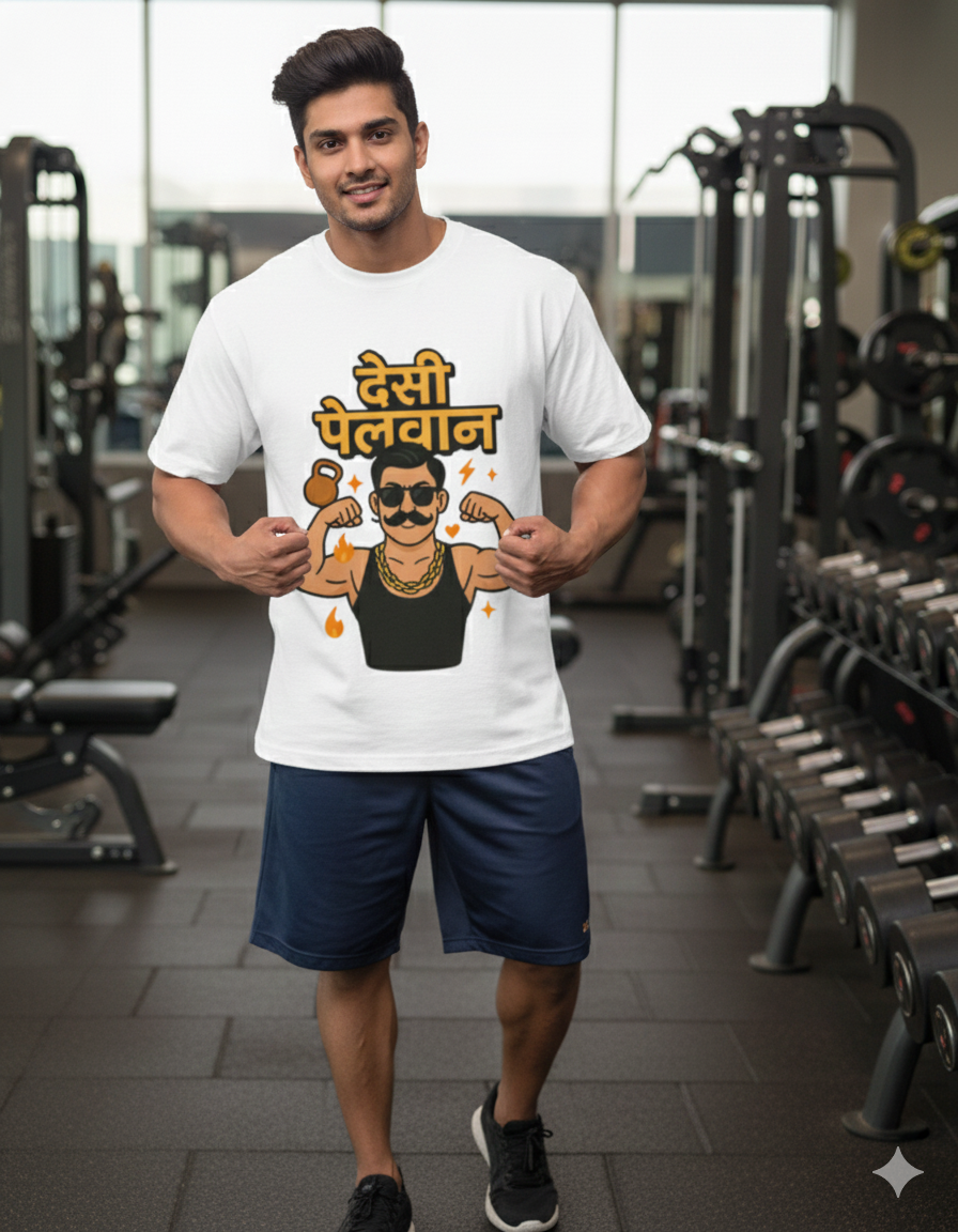 Desi Pehelwan Marathi Oversized Unisex T‑Shirt | Gym Graphic | 180 GSM Bio‑Wash