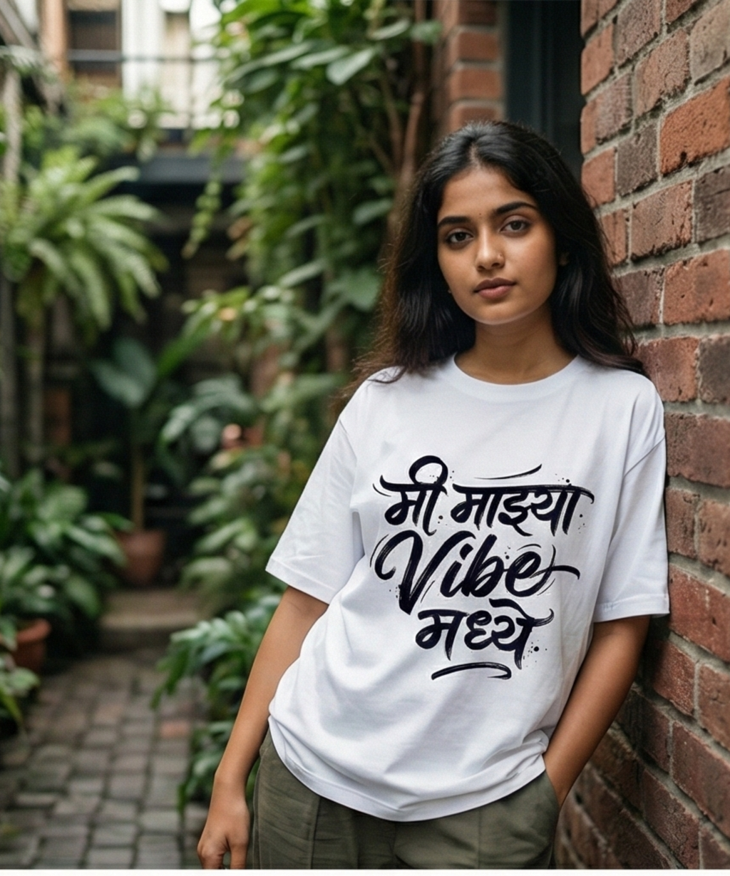 Mi Majhya Vibe Madhe Marathi Typography T‑Shirt | Attitude Oversized Tee