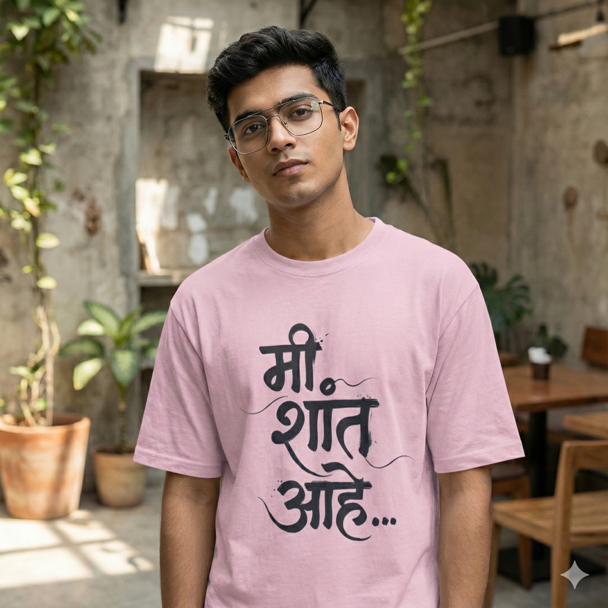Mi Shaant Aahe Marathi Typography T‑Shirt | Calm Quote Oversized Tee